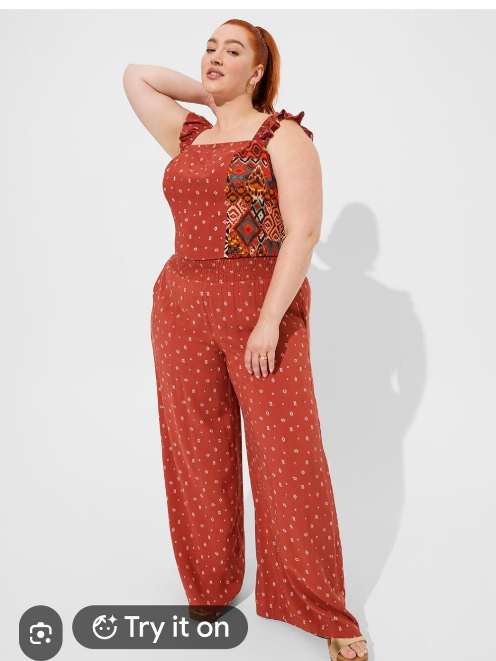 torrid Rust Red Printed Wide-Leg Two Piece Set it with Smocked Waist